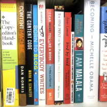 a bookshelf with writing and nonfiction books lined up