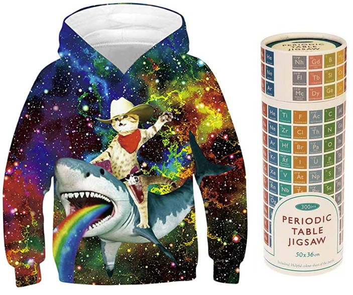 Hooded sweatshirt with cat riding a rainbow-vomiting shark beside a periodic table of elements puzzle in a tube-shaped package.