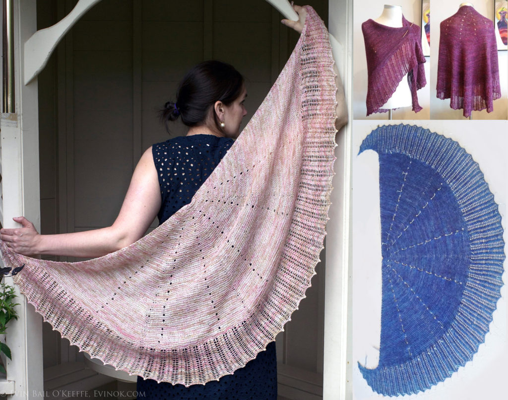 Falling Petals Shawl by Evin Bail OKeeffe shown in three colours and two yarn weights