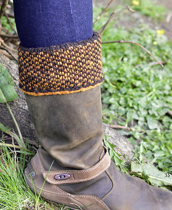 Knit boot toppers peeking out from top of brown boots.