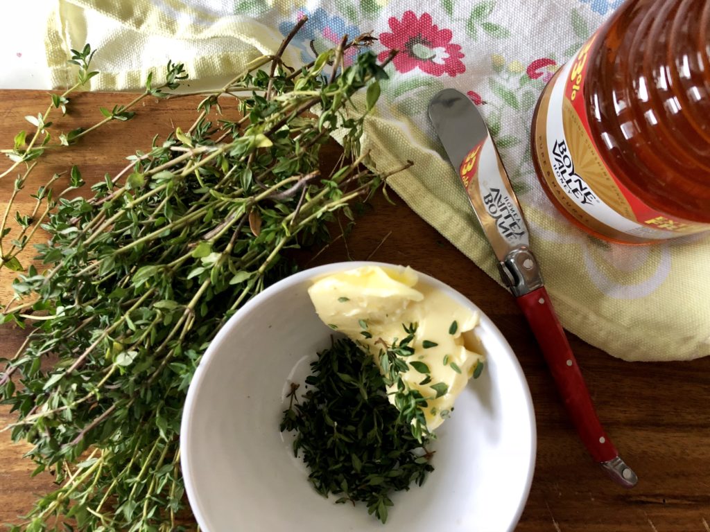 Honey, butter, and fresh thyme waiting to be cooked with.