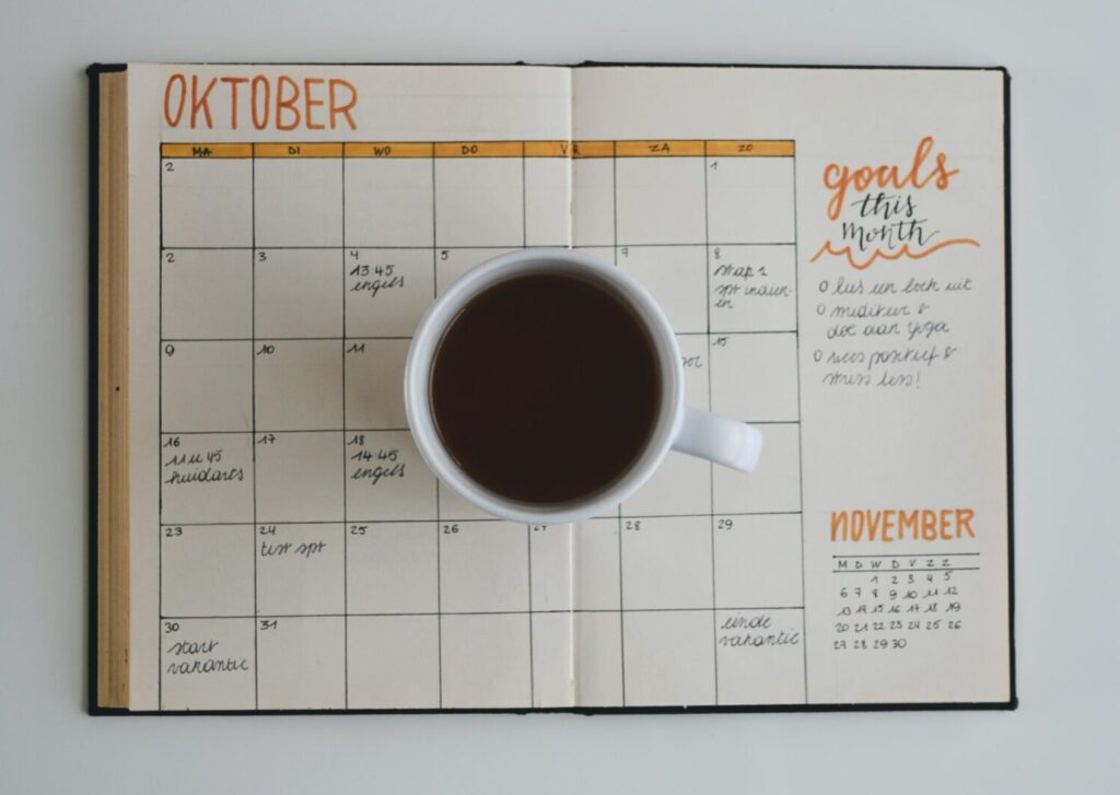 Journal calendar open to October. Photo by Estee Janssens