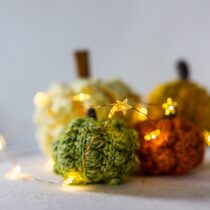 Needlework crafted mini pumpkins with a tiny string of star lights. Photo by Abigail Baines